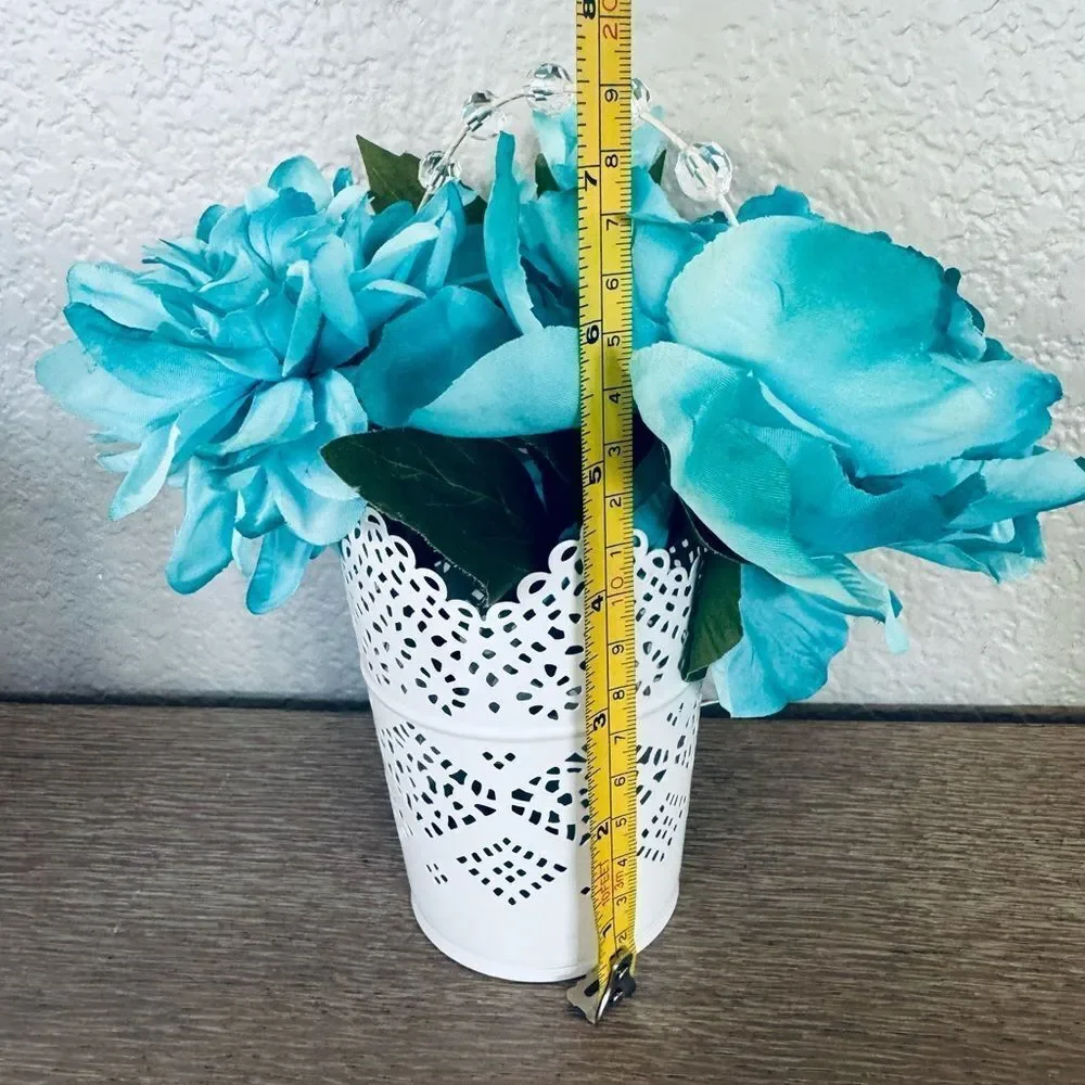 Turquoise Blue Floral Peony White Lace Vase Arrangement